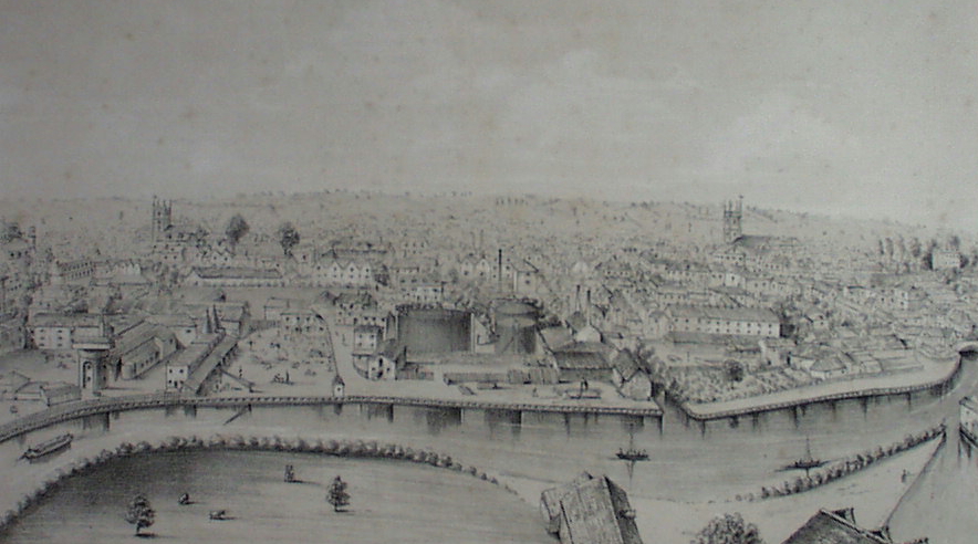 view of about 1870 looks north from the water tower across the River Kennet are the Seven Bridges Brewery of H&amp;G Simonds, the Reading Gas Company&#039;s works