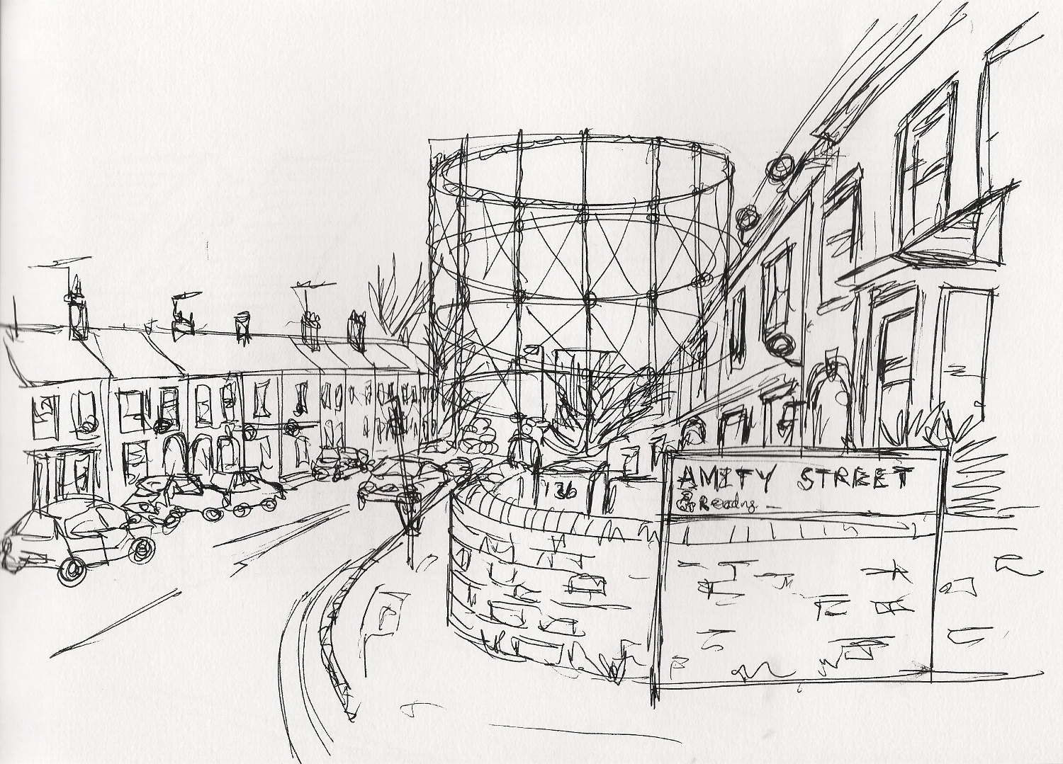 Sketch of Gasholder No.4 from Amity Road by Kate Lockhart, 2013