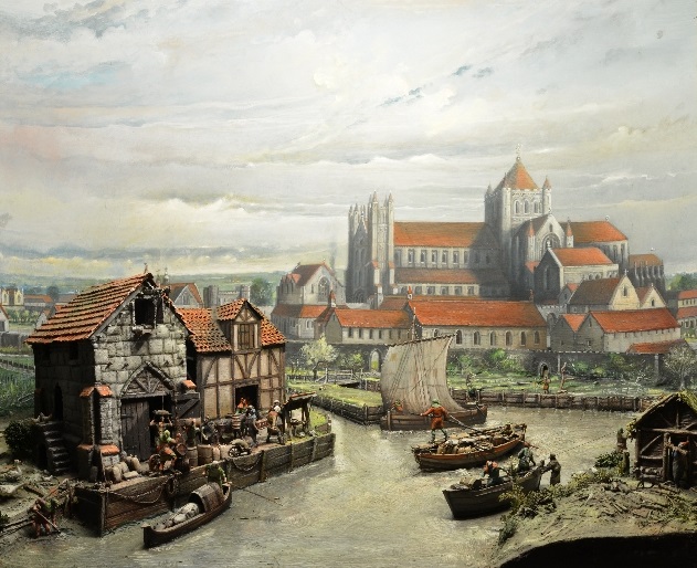 model showing Reading Abbey waterfront in the 1400s