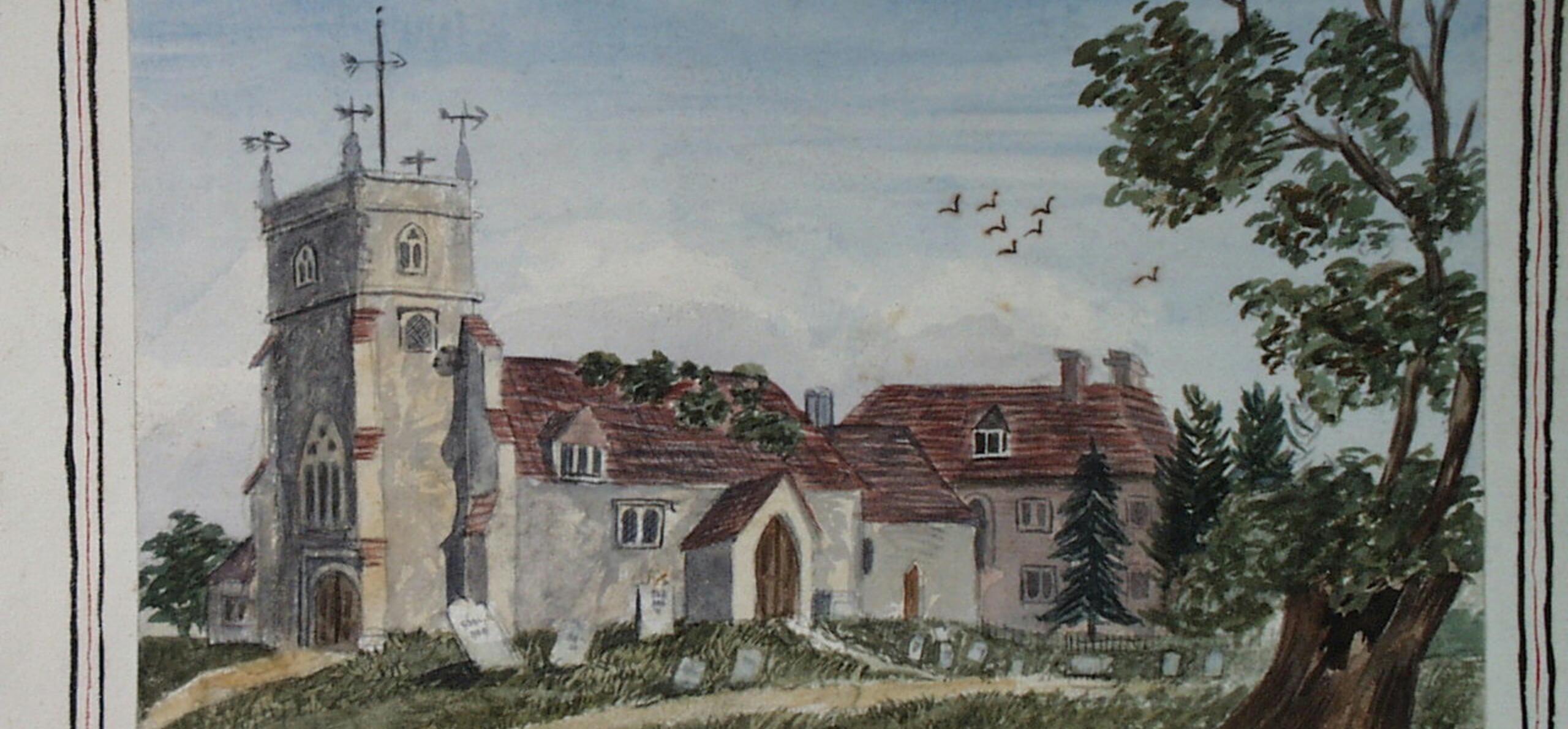 Watercolour of Bucklebury parish church, by an unknown artist, 1865. (REDMG : 1950.60.1)