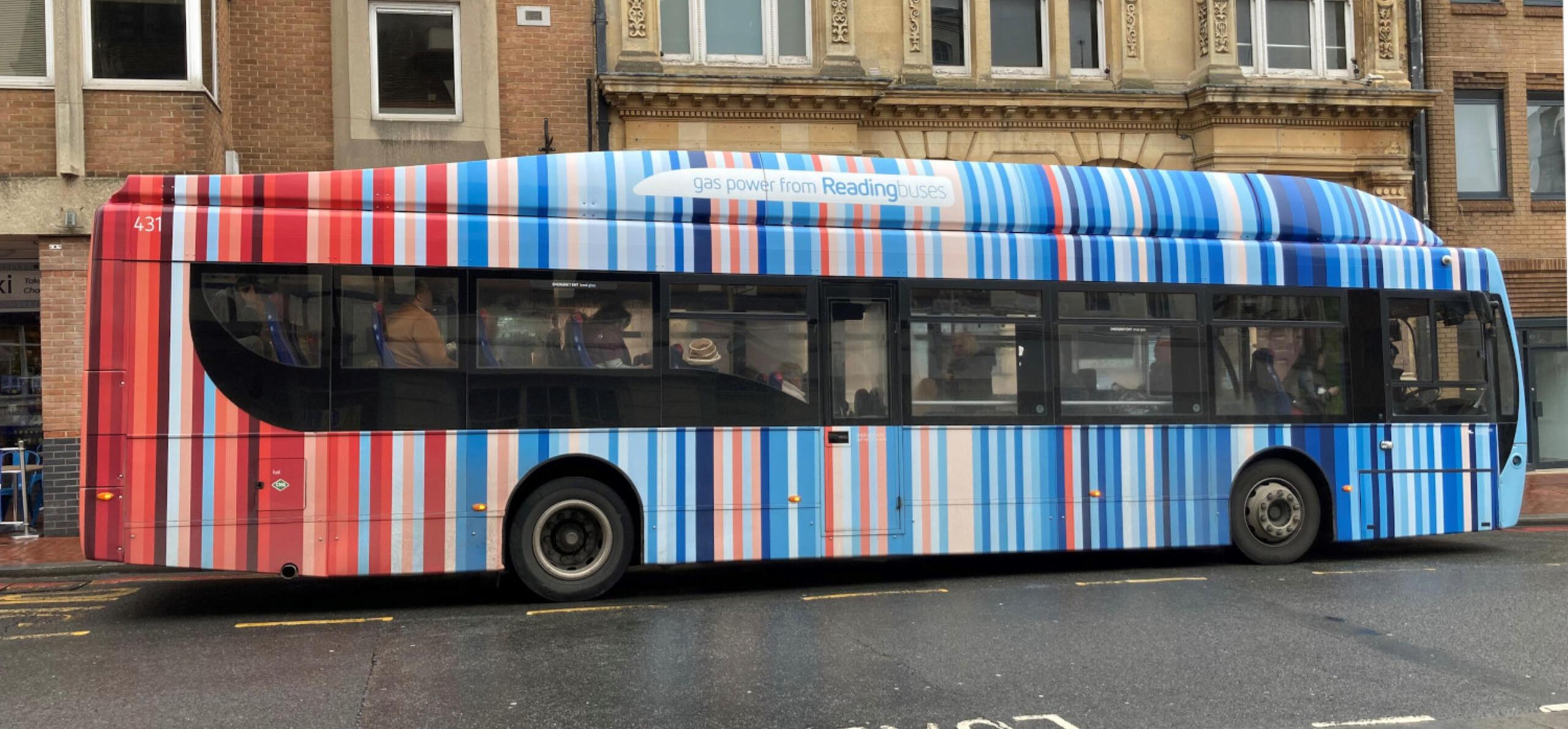 Reading bus with climate stripes