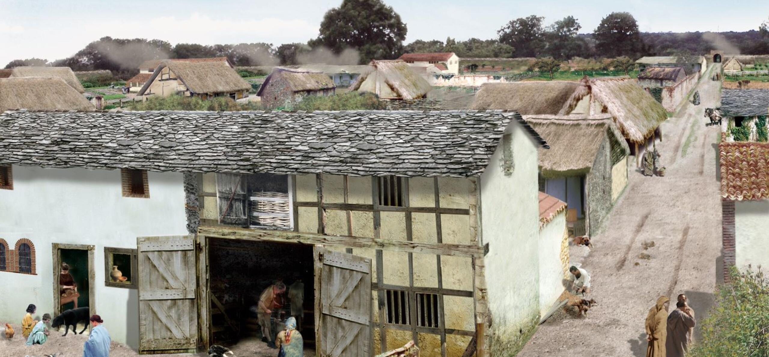 Reconstruction drawing of Silchester by Margaret Matthews. Copyright Michael Fulford