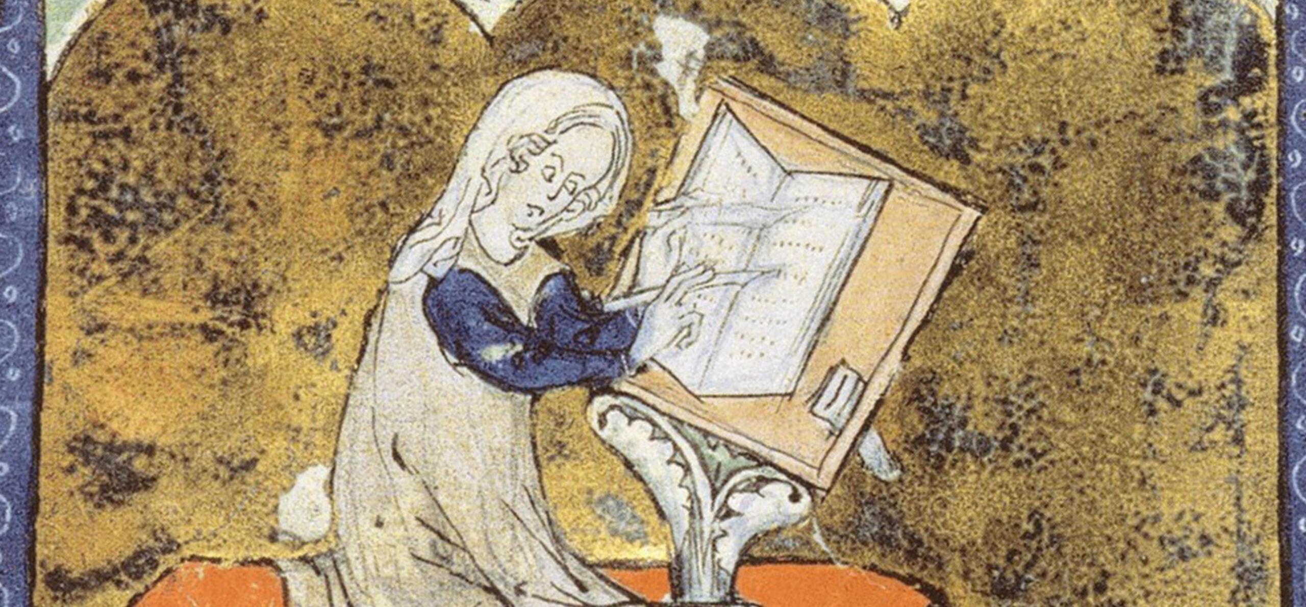 Marie de France: detail from Paris, Bib de l’Arsenal MS 3142, folio 246 (image, public domain)