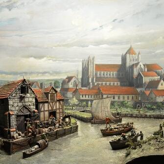 model showing Reading Abbey waterfront in the 1400s