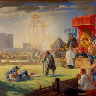Trial by Combat of Henry de Essex and Robert de Montfort at Reading in 1163, a painting by Harry Morley