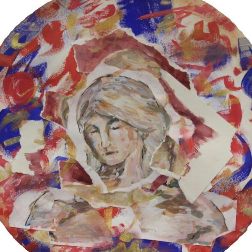 Photo of artwork. There is a circle made up of painted red, blue and gold shapes and swirls. In the centre of the circle if a collage of the head and shoulders of a figure. Credit: Pandora’s Collage, Chloe Gostick (Youth Panel member)