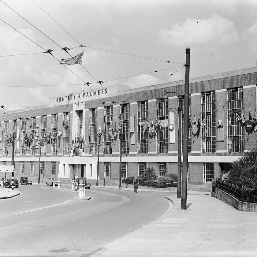 Coronation Decorations at Huntley & Palmers offices. (Object number REDMG :1980.36.B653.4).