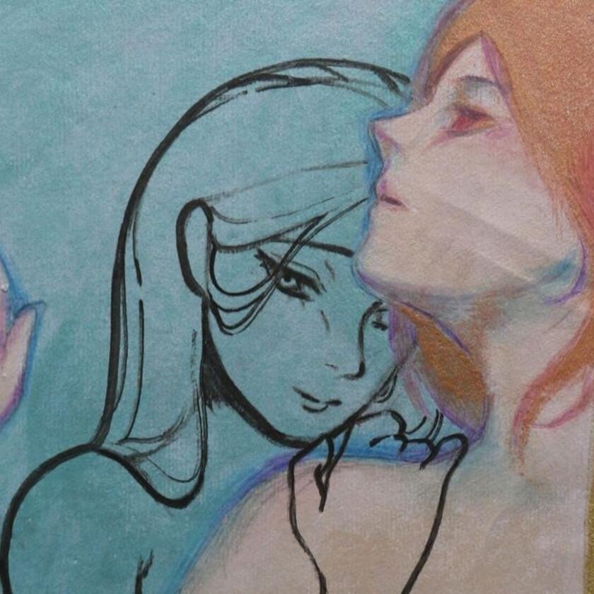 Photo of artwork showing two long haired figures from the shoulders up. One is facing right and one is facing left with a blue background. Credit: Whispers of Pandora, Suri Tsang (Youth Panel member)